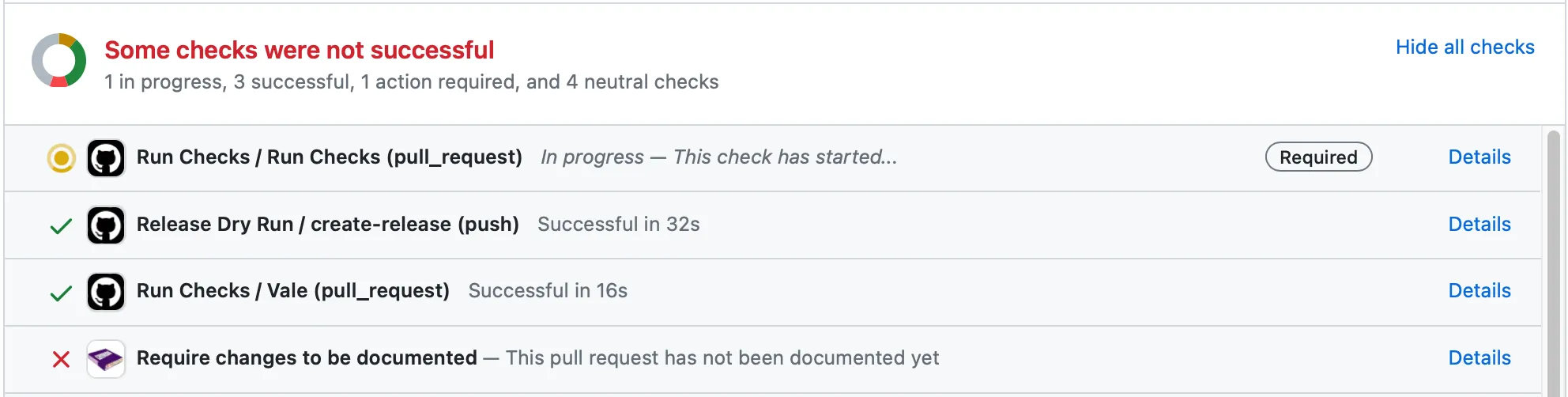 Screenshot of a GitHub pull request with a failing status check entitled "Require changes to be documented"