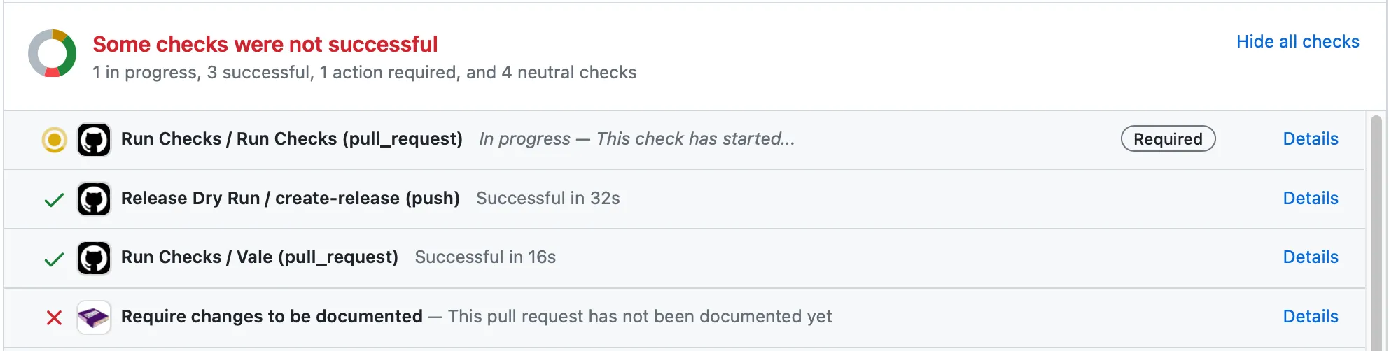 Screenshot of a GitHub pull request with a failing status check entitled \